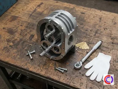 Soplador de lóbulos reparado y listo para ensamblaje — carcasa limpia con llave de torque