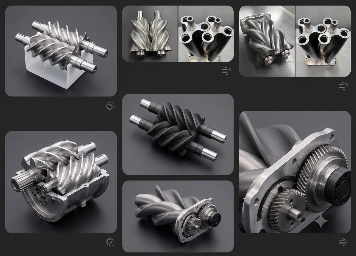Rotores helicoidales de soplador de tornillo — macho y hembra en proceso de inspección técnica