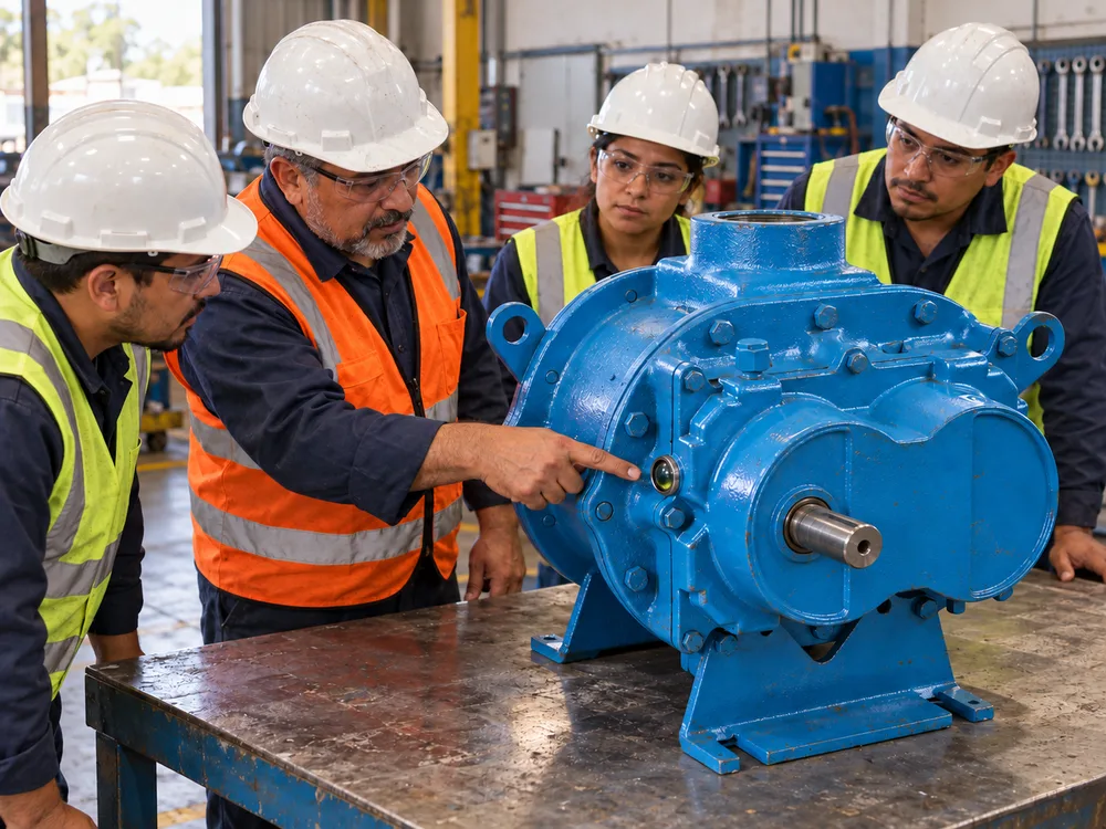 Técnico capacitando a operadores junto a un soplador industrial de lóbulos